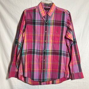 90s Preppy Pink Plaid Shirt M Madras Cotton Mens Long Sleeve Vintage Evan Picone